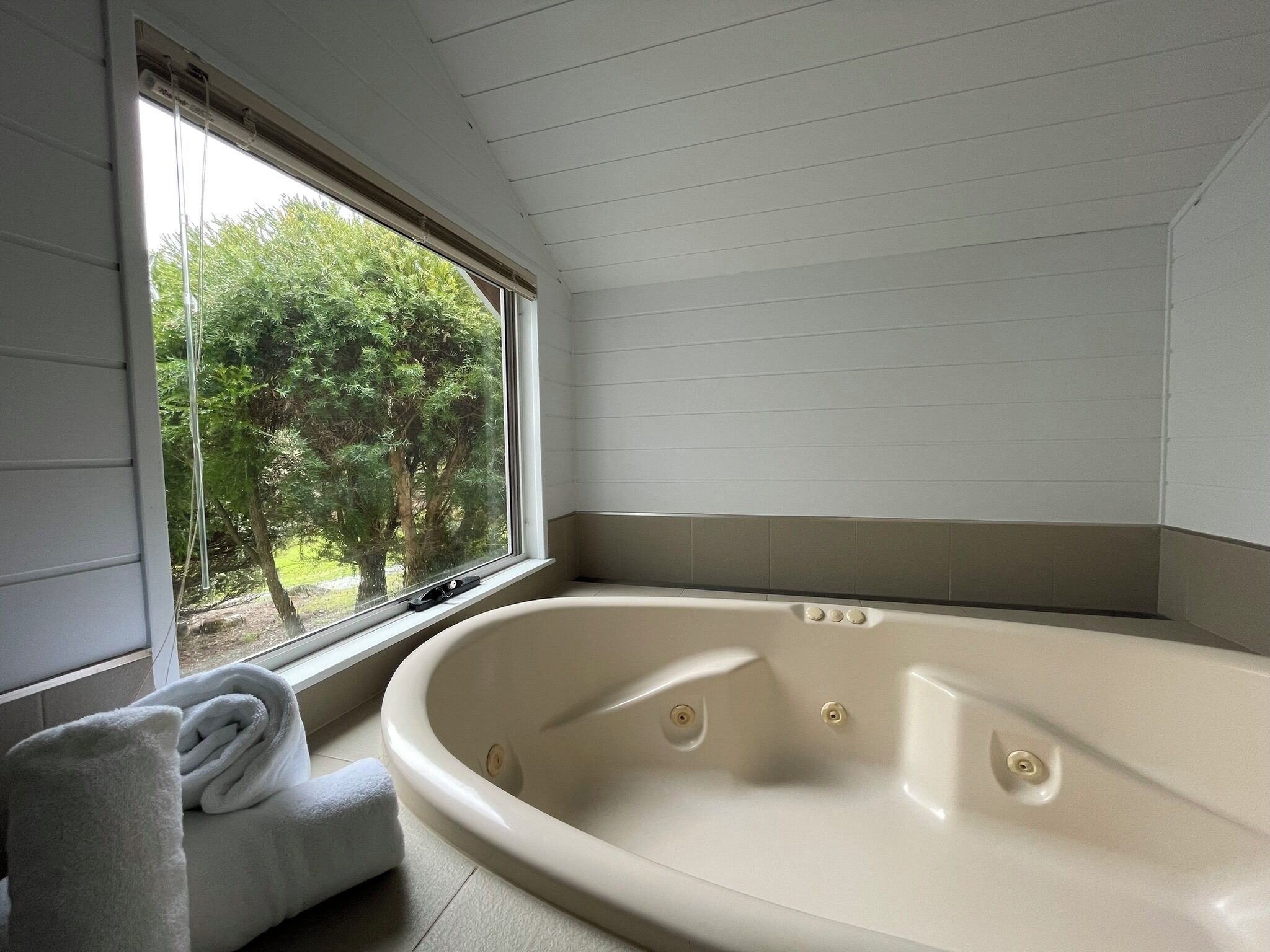 A bathroom with a large bathtub, a window with a view of trees, and a towel on the floor.