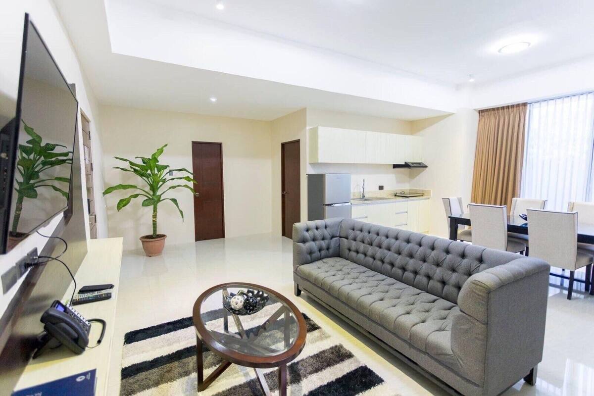 A modern living room with a grey sofa, a TV, a small round table, and a potted plant.