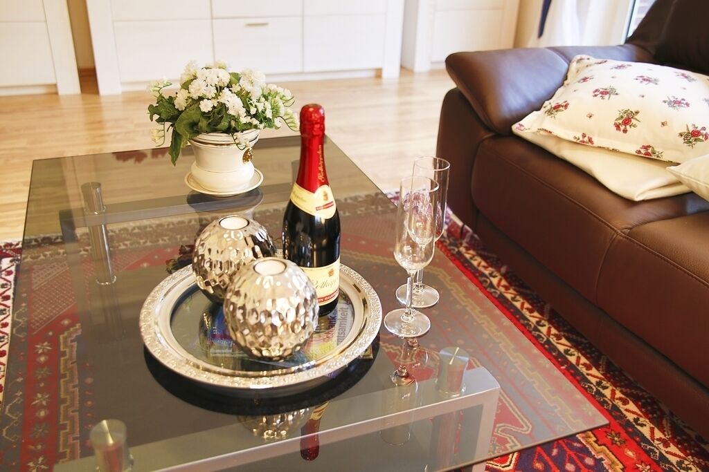 Flat-screen TV, books, music library, stereo