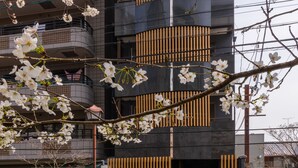 A multi-story building with balconies, a vending machine, and a stop sign. - Kyoto Riverview House Kyou-raku (Kyoto)