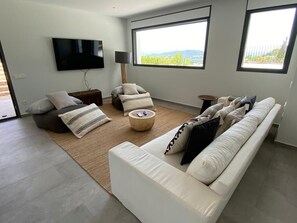 Smart TV, fireplace, DVD player, books