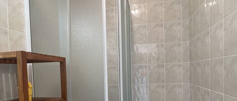 Een badkamer met douchecabine, toilet en houten planken.