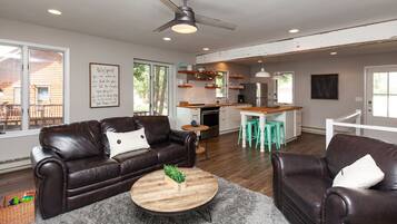 Smart TV, fireplace, video games, DVD player