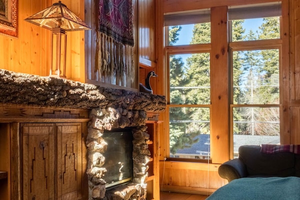 Dramatic yet restful, the bedroom sleeps two people while the hearth flickers