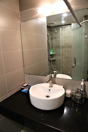 Shower, hair dryer, towels
