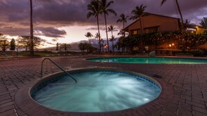 Un espace piscine doté d’un jacuzzi et de chaises longues, entouré de palmiers et bordé d’un bâtiment abritant une piscine.