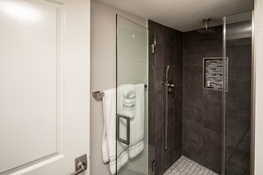 Combined shower/tub, hair dryer, towels