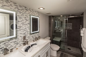 Combined shower/tub, hair dryer, towels