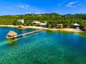 A tropical resort with overwater bungalows connected by a wooden pier, clear turquoise waters, and lush greenery. - Starfish Beach House  2BR Beachfront Retreat with Pool & Dock (Milton Bight)