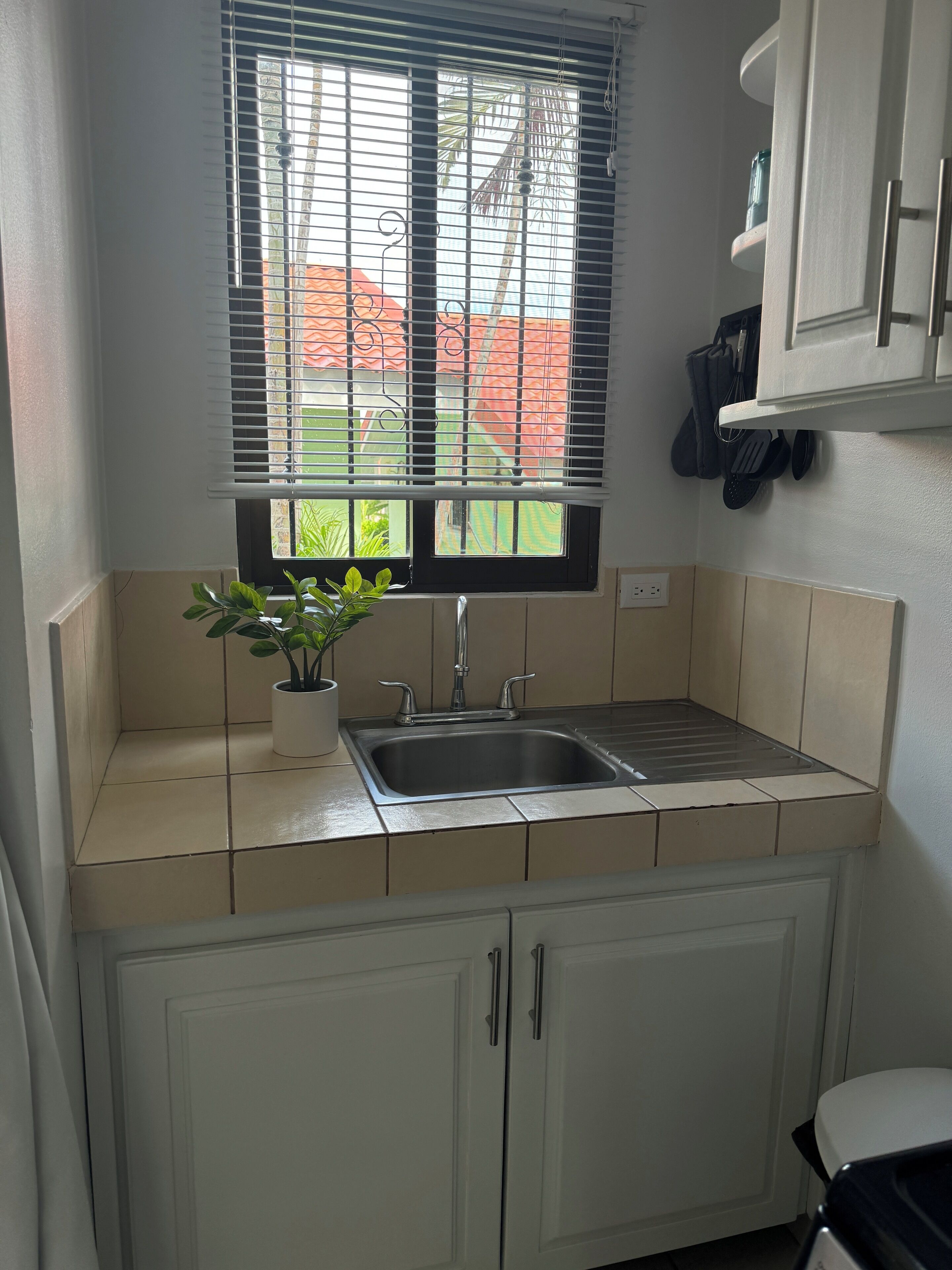 A kitchen with a sink, potted plant, window with blinds, and cabinets.