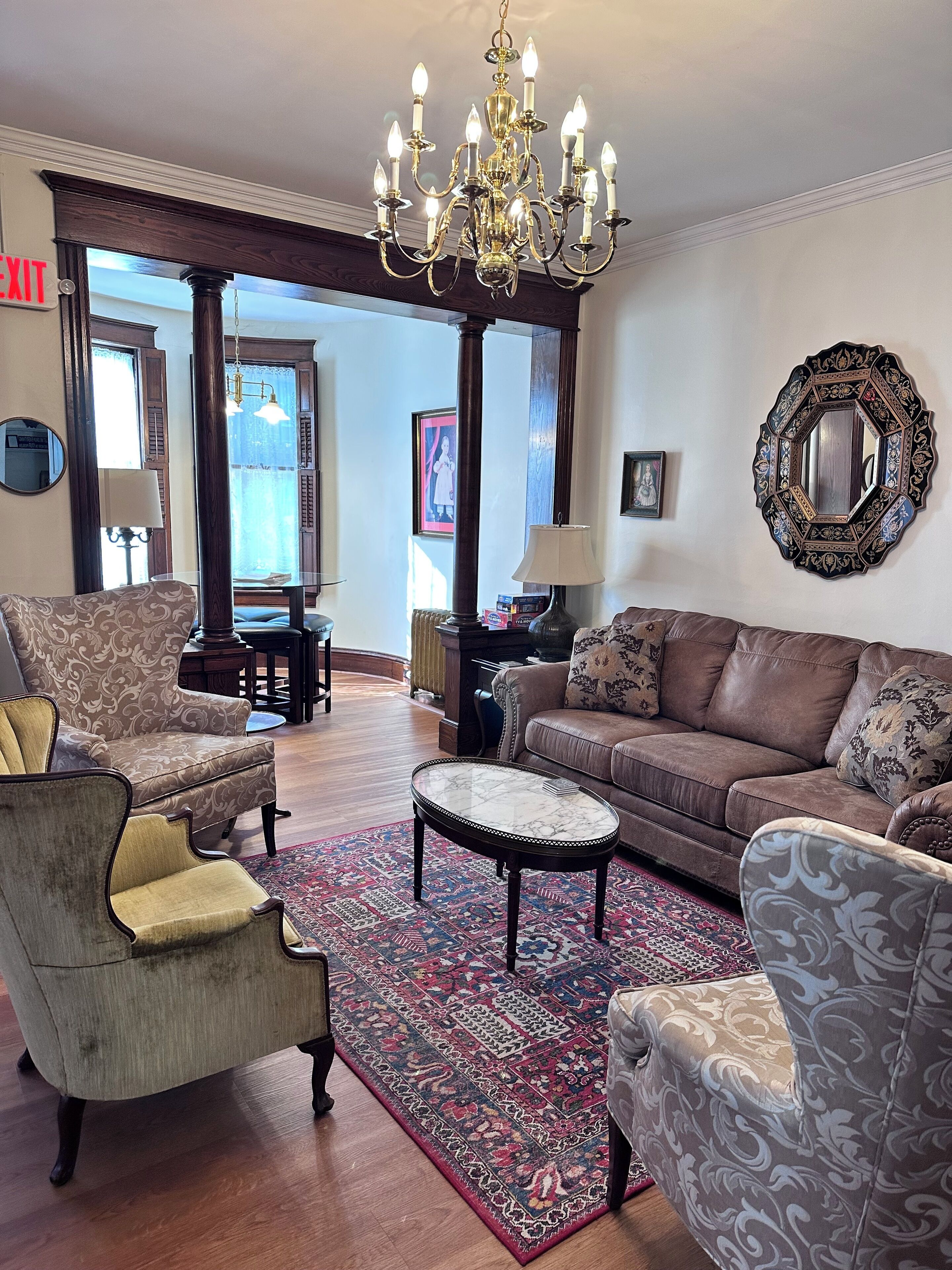 Smart TV, fireplace, books