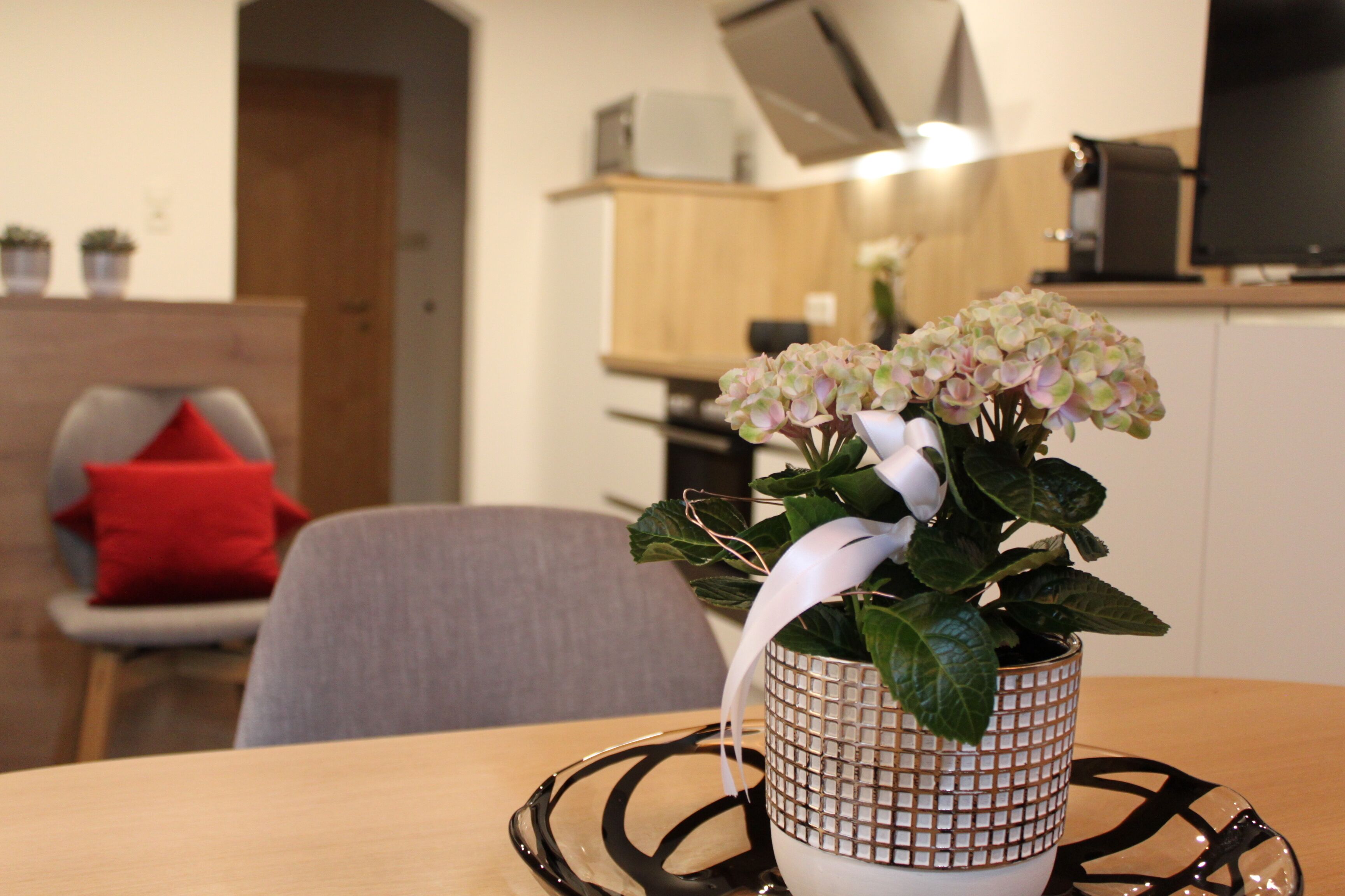 A dining area with a table, chairs, and a potted plant.