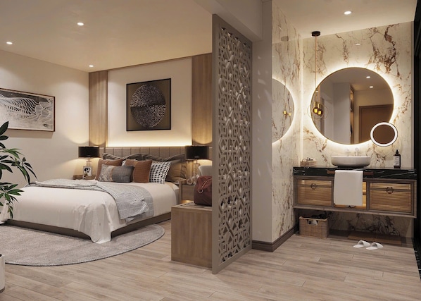 ห้องลักซ์ชัวรี่สตูดิโอสวีท | เครื่องนอนระดับพรีเมียม, เตียงพร้อมฟูกเสริมที่นอน, ตู้นิรภัยในห้องพัก