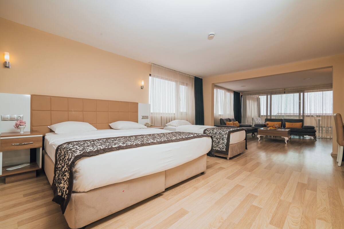 A hotel room with a large bed, a desk, a chair, and a sofa.