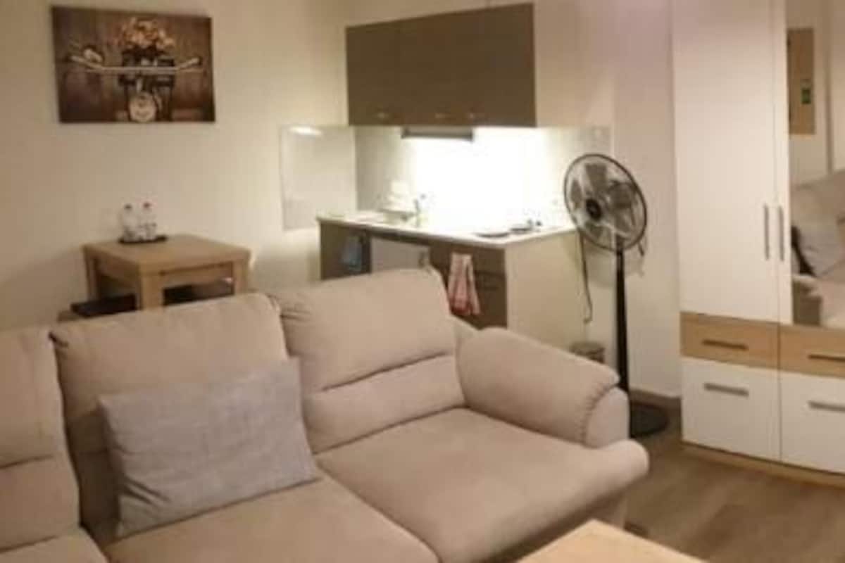 Habitación de hotel con sofá, cama con dos almohadas, mesita de noche, armario y ventilador de pared.