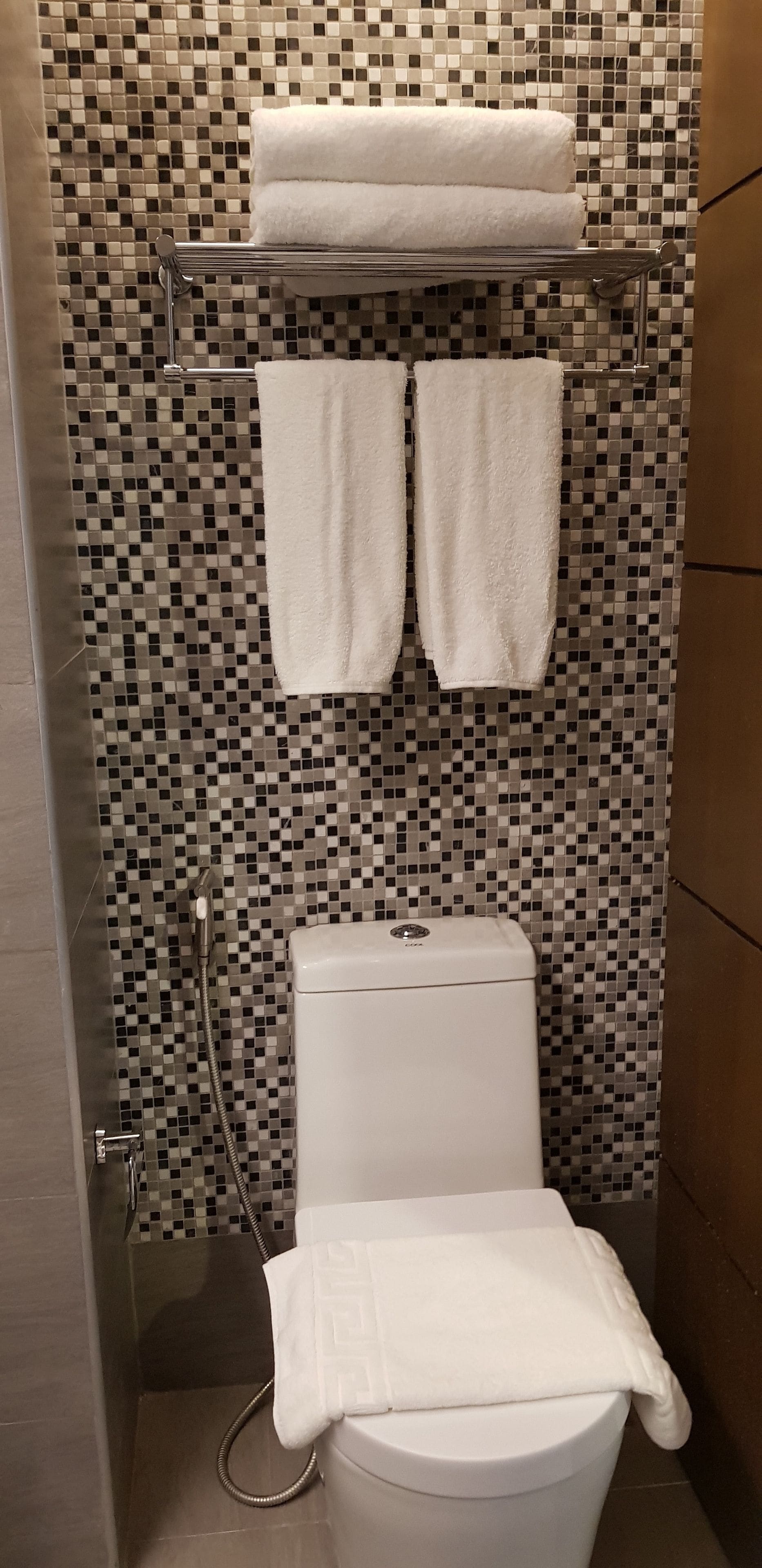 Un baño con pared de mosaicos, inodoro, ducha y toallero con dos toallas.