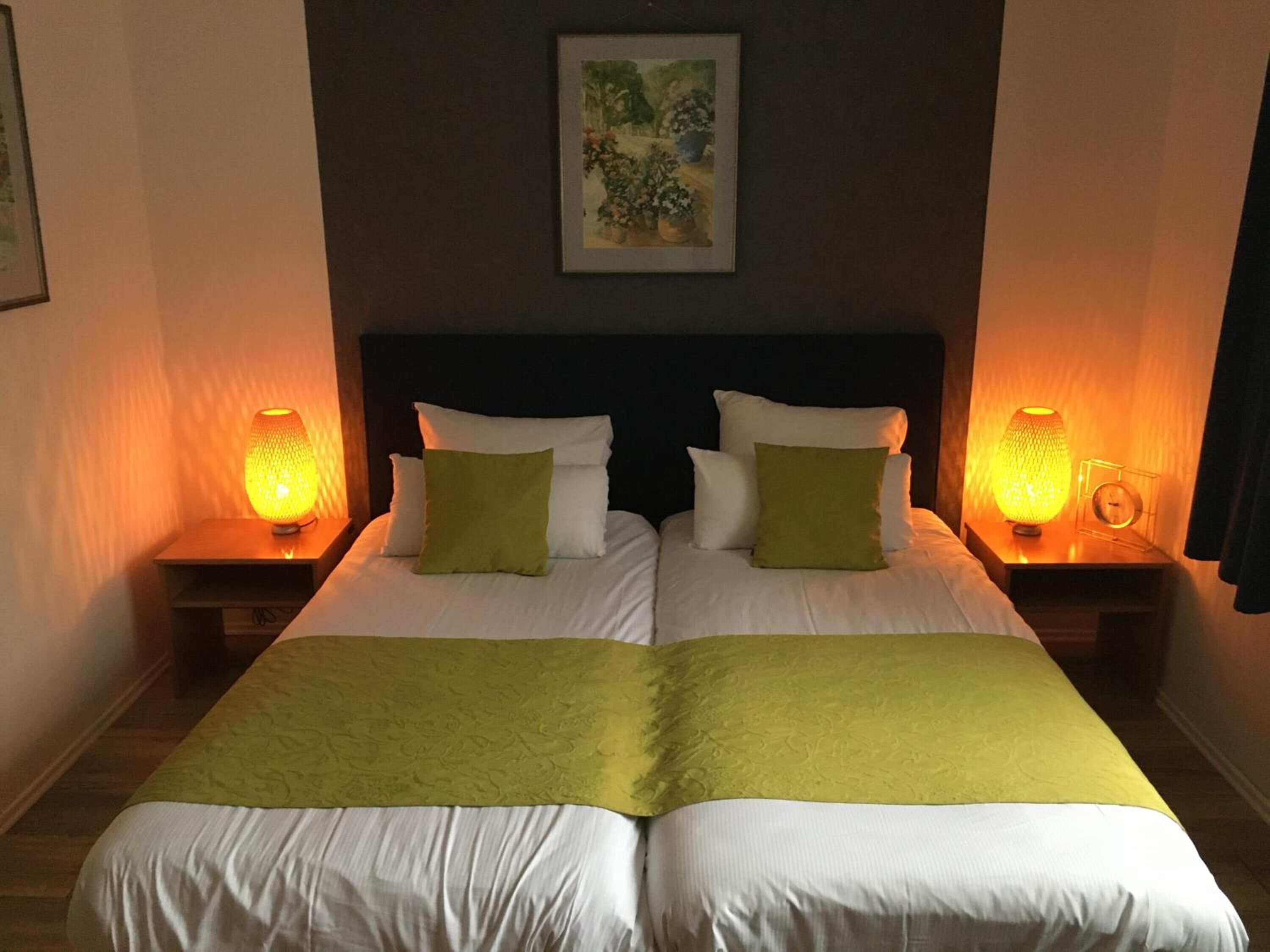 A double bed with white and green bedding, two bedside lamps, and a framed painting on the wall.
