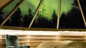 A room with a bed, a chair, and a fur rug. It has a large window with a view of trees and the night sky.