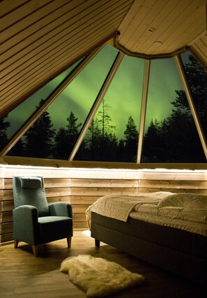 A room with a bed, a chair, and a fur rug. It has a large window with a view of trees and the night sky.