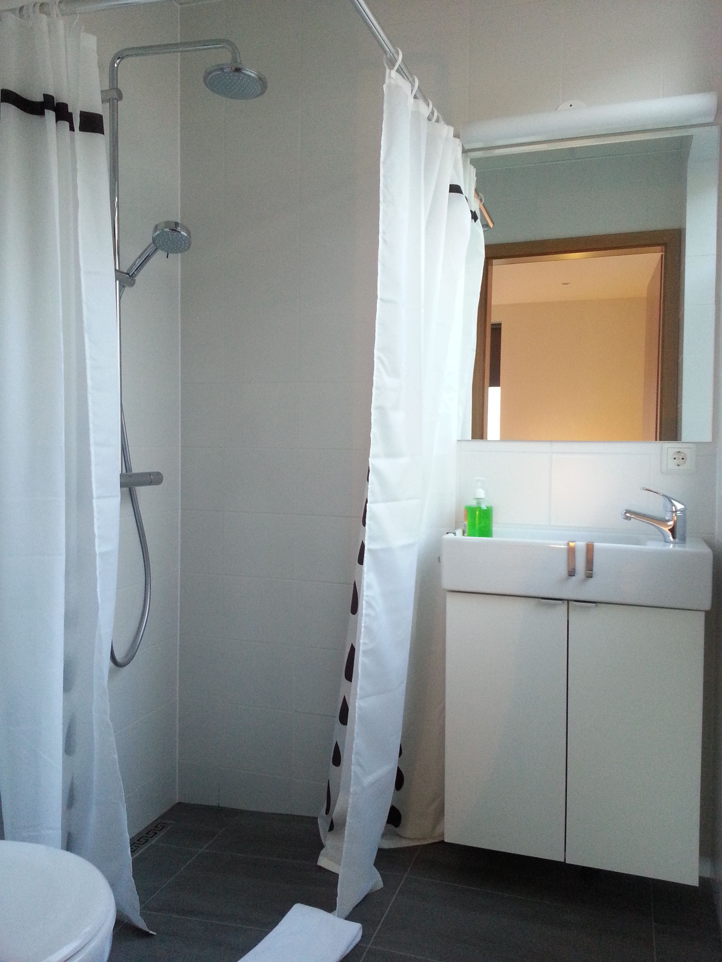 A bathroom with a shower, toilet, and sink.