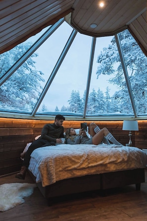 Aurora Cabin | 1 bedroom, desk, laptop workspace, bed sheets