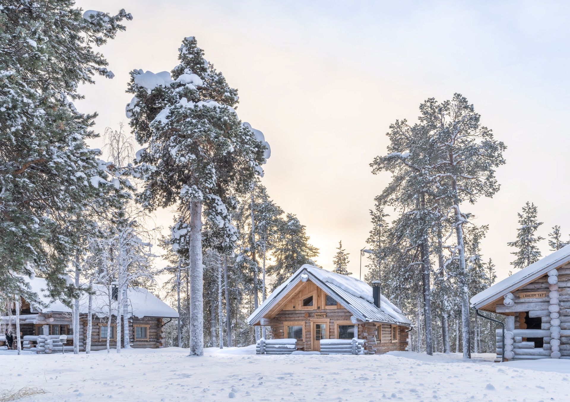 A log cabin surrounded by snow-covered trees, with a clear sky.