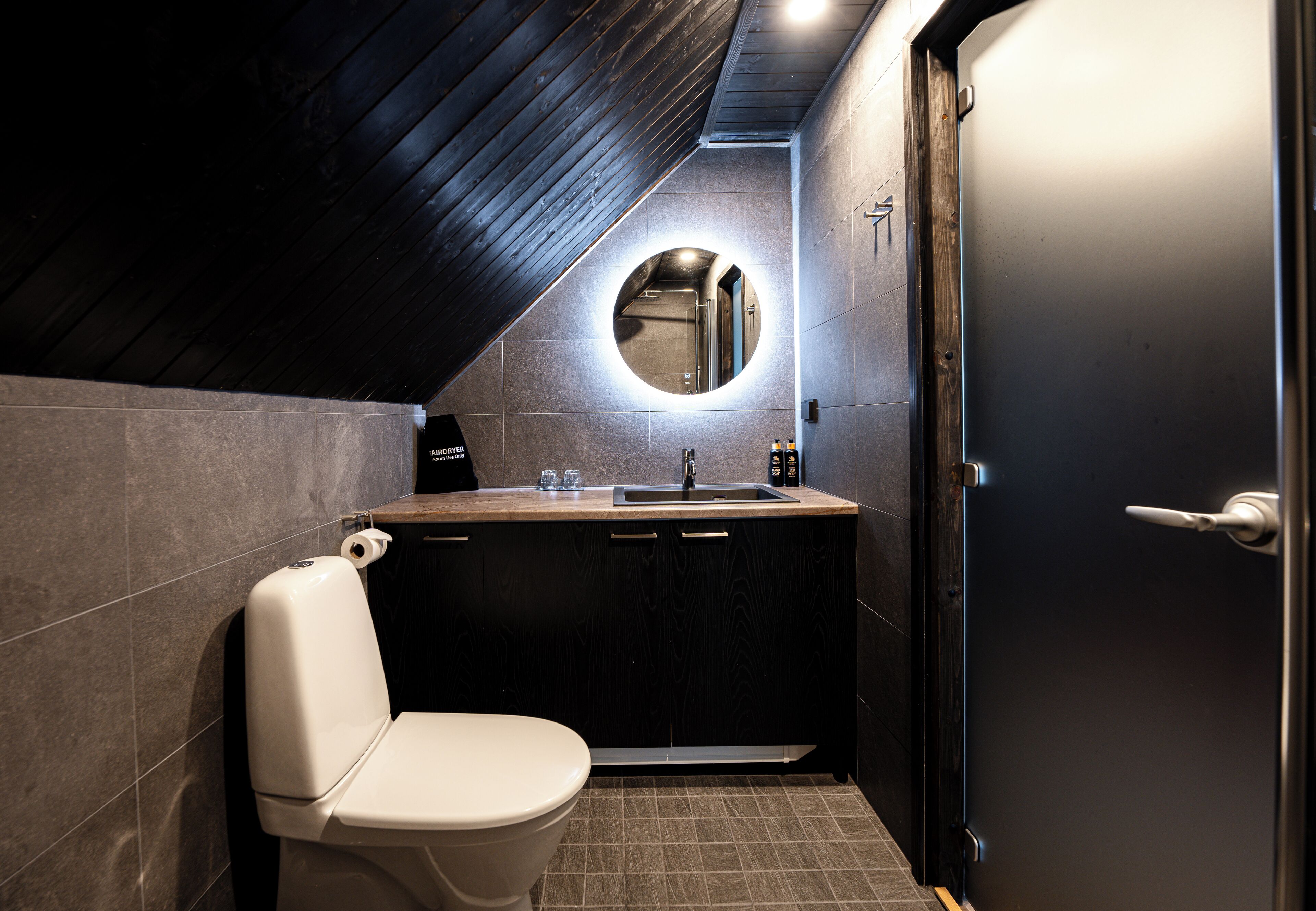 aurora premium cabin | bathroom | shower, hair dryer, towels, toilet paper