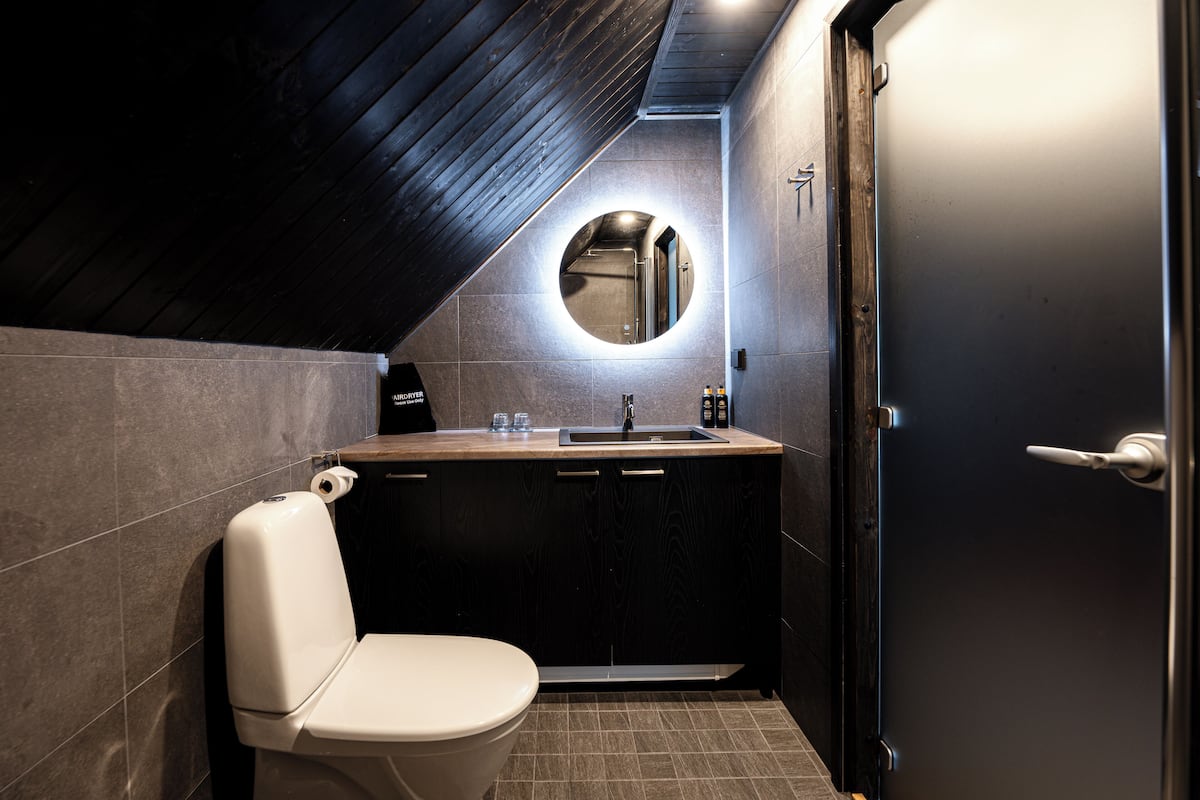 aurora premium cabin | bathroom | shower, hair dryer, towels, toilet paper