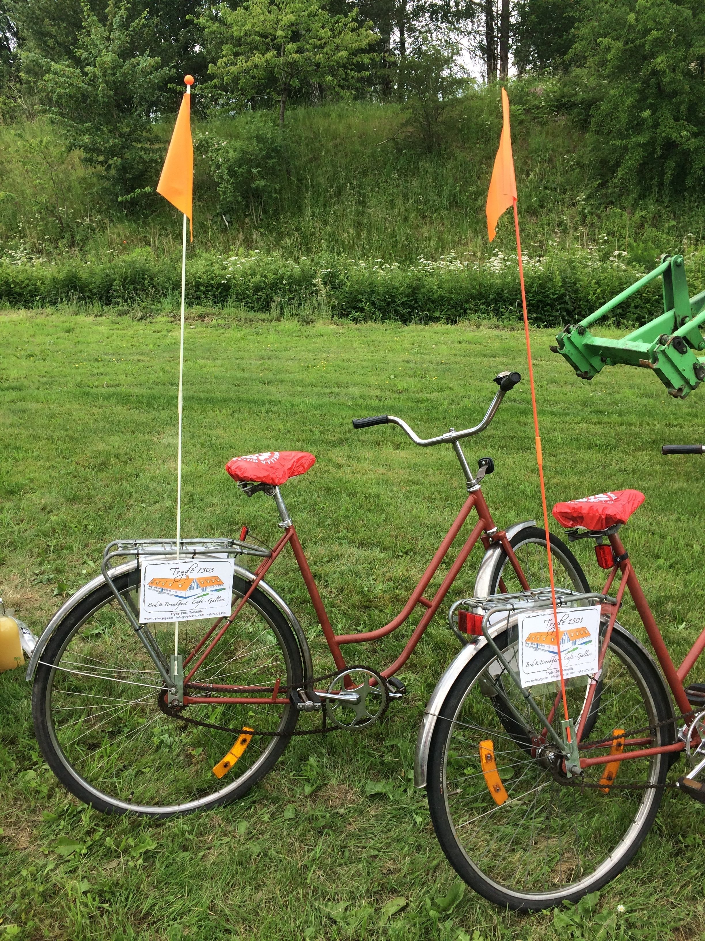 Una bicicleta roja con banderines naranjas y un cartel en la parte trasera.