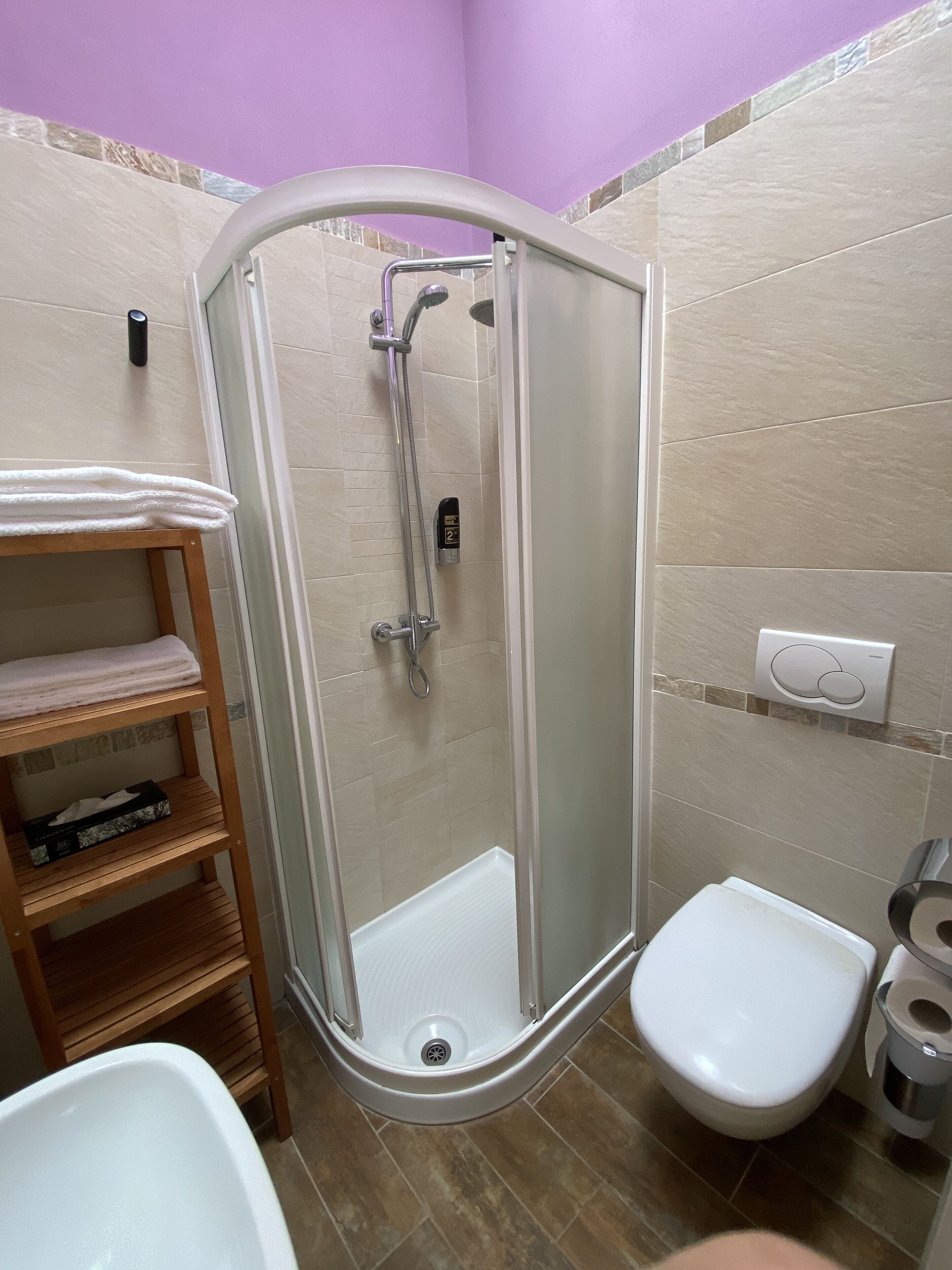 A bathroom with a glass-enclosed shower, a toilet, a sink, and a shelf with towels.