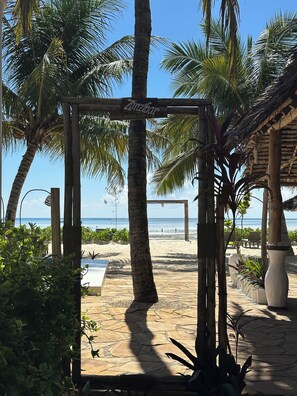 Une promenade en bord de mer bordée de palmiers, une pergola en bois portant l’inscription « Zanzibar », et une vue sur l’océan.