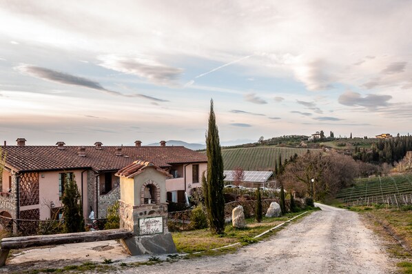 A rural road leading to a row of traditional houses with a vineyard in the background. - Agriturismo Borgo Stella (Montespertoli)