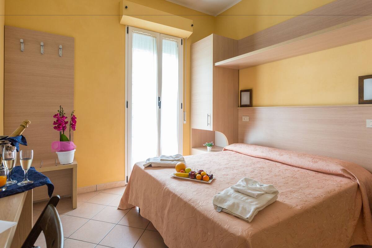 A hotel room with a bed, a small table with a bottle and glasses, a potted plant, and a window with curtains.