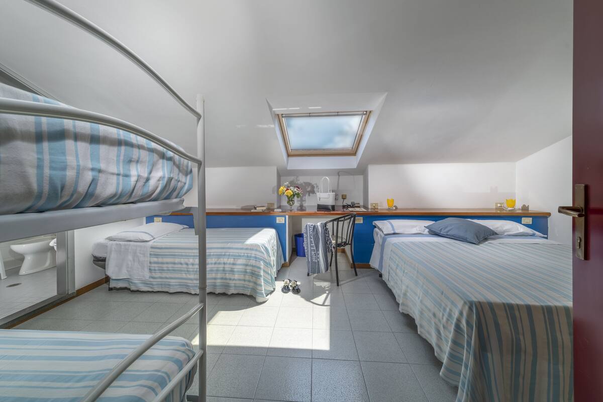 A dormitory room with bunk beds, a skylight, a kitchenette, and a small bathroom.