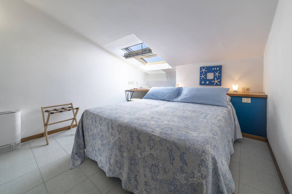 A bedroom with a skylight, a bed with a patterned bedspread, a bedside table with a lamp, and a wall with a starfish decoration.
