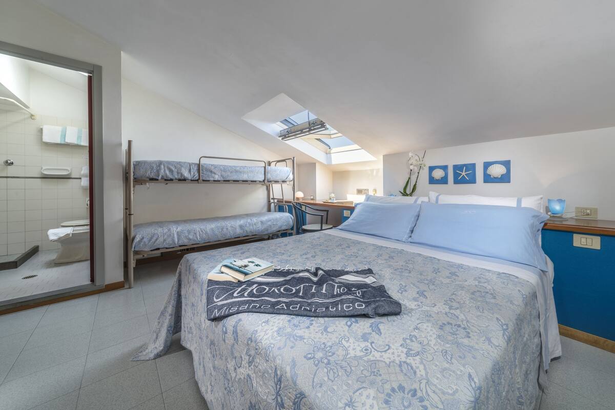 A dormitory room with bunk beds, a skylight, a bathroom with a toilet and sink, and a desk with a chair.