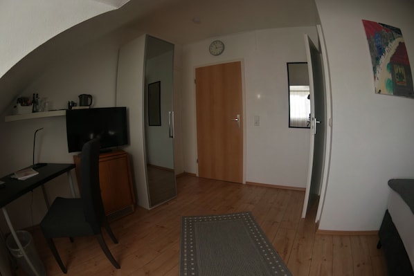 A room with a wooden floor, a desk with a chair, a television, a mirror, a door, and a rug. - Hotel Merlin (Cologne)