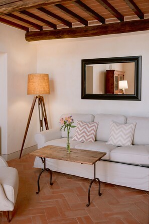 Flat-screen TV, fireplace