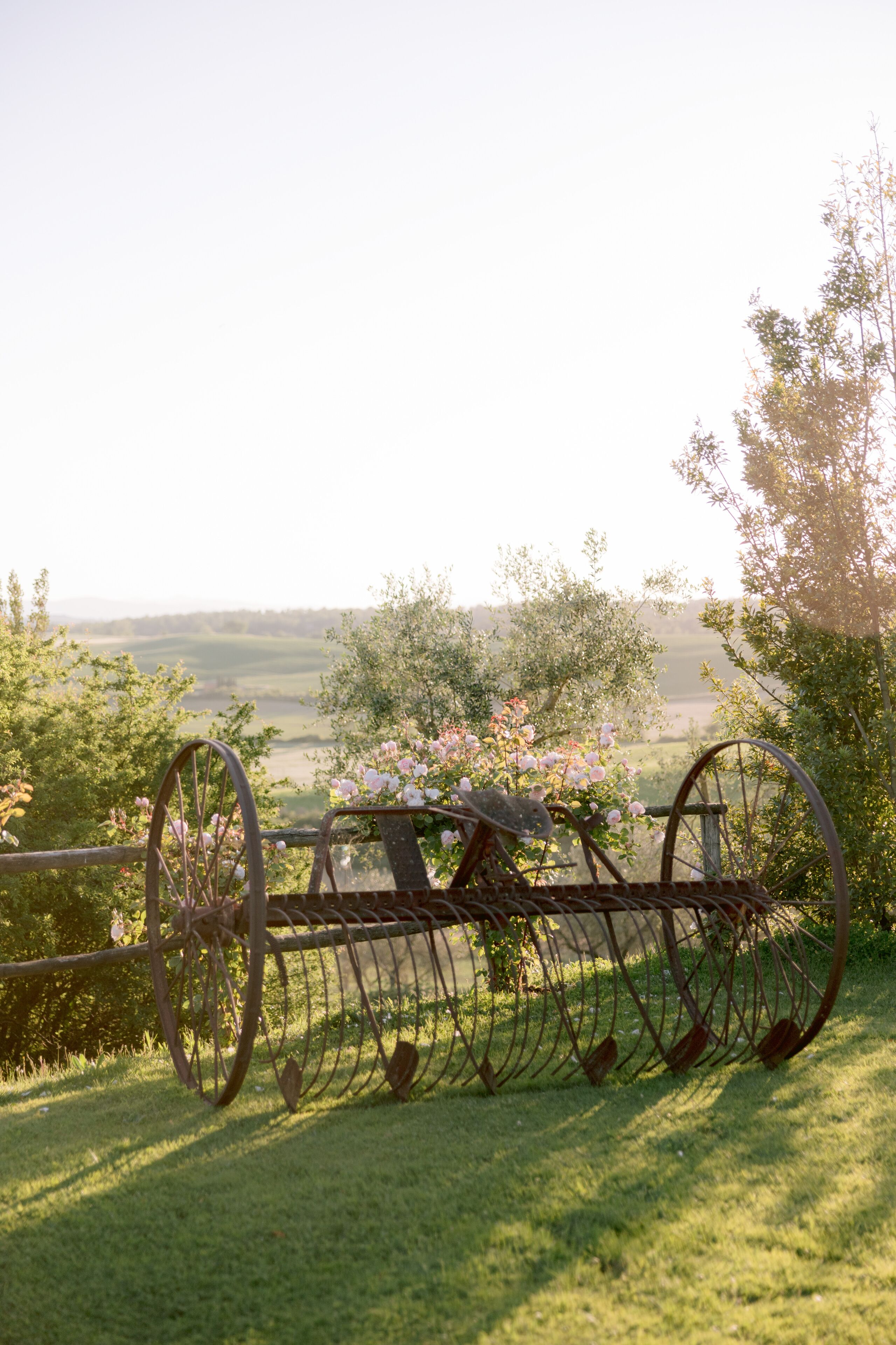 Una estructura metálica rústica sobre ruedas, rodeada de follaje y flores, con vistas a un paisaje pintoresco.