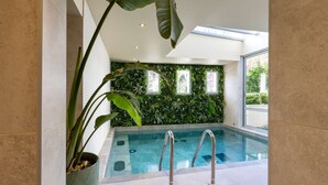 Piscina interior con vista despejada de los alrededores, incluyendo una planta grande en maceta y una pared con diseño de hojas verdes.