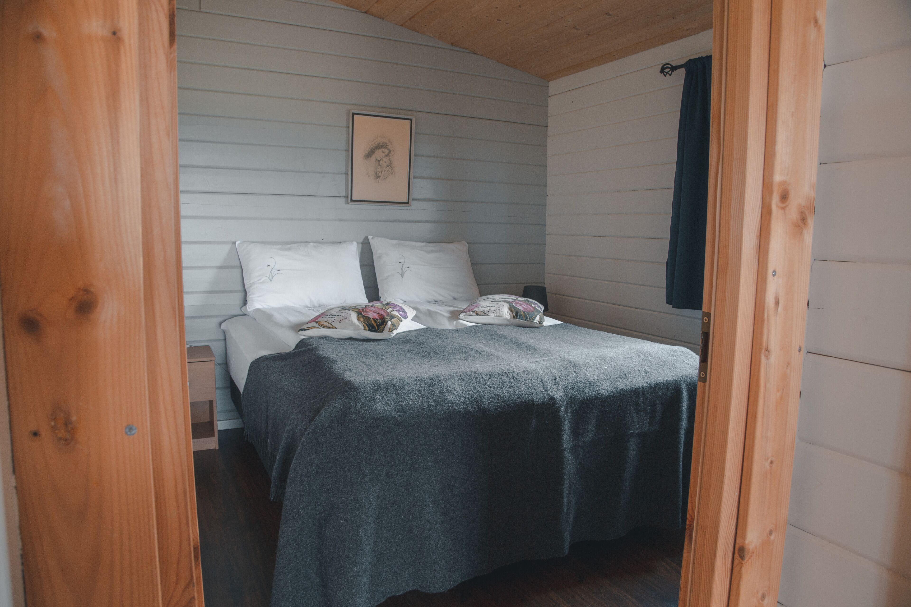 A bedroom with a bed, pillows, a blanket, a wooden door, and a framed picture on the wall.