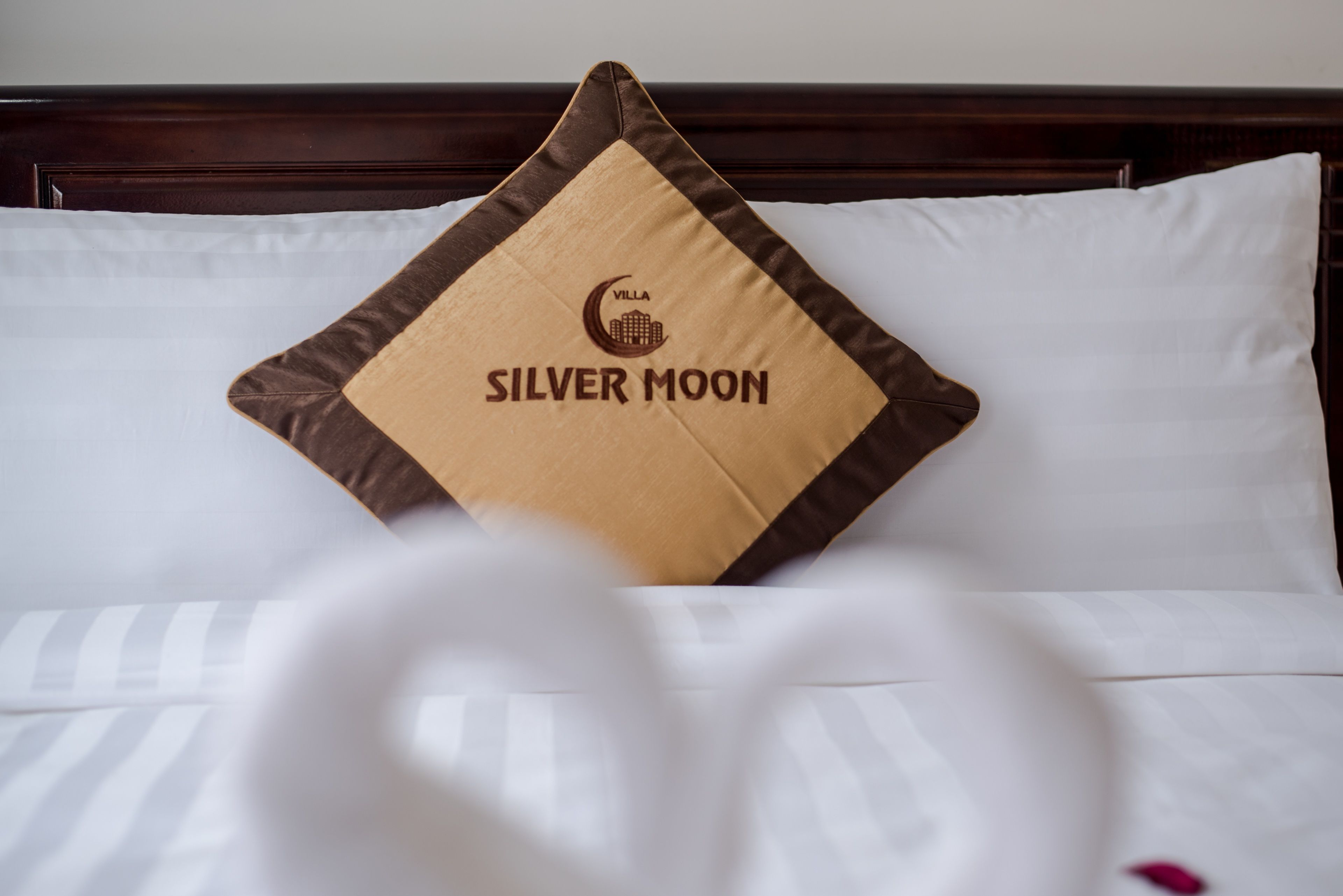A bed with a pillow labeled "SILVER MOON" and a headboard.