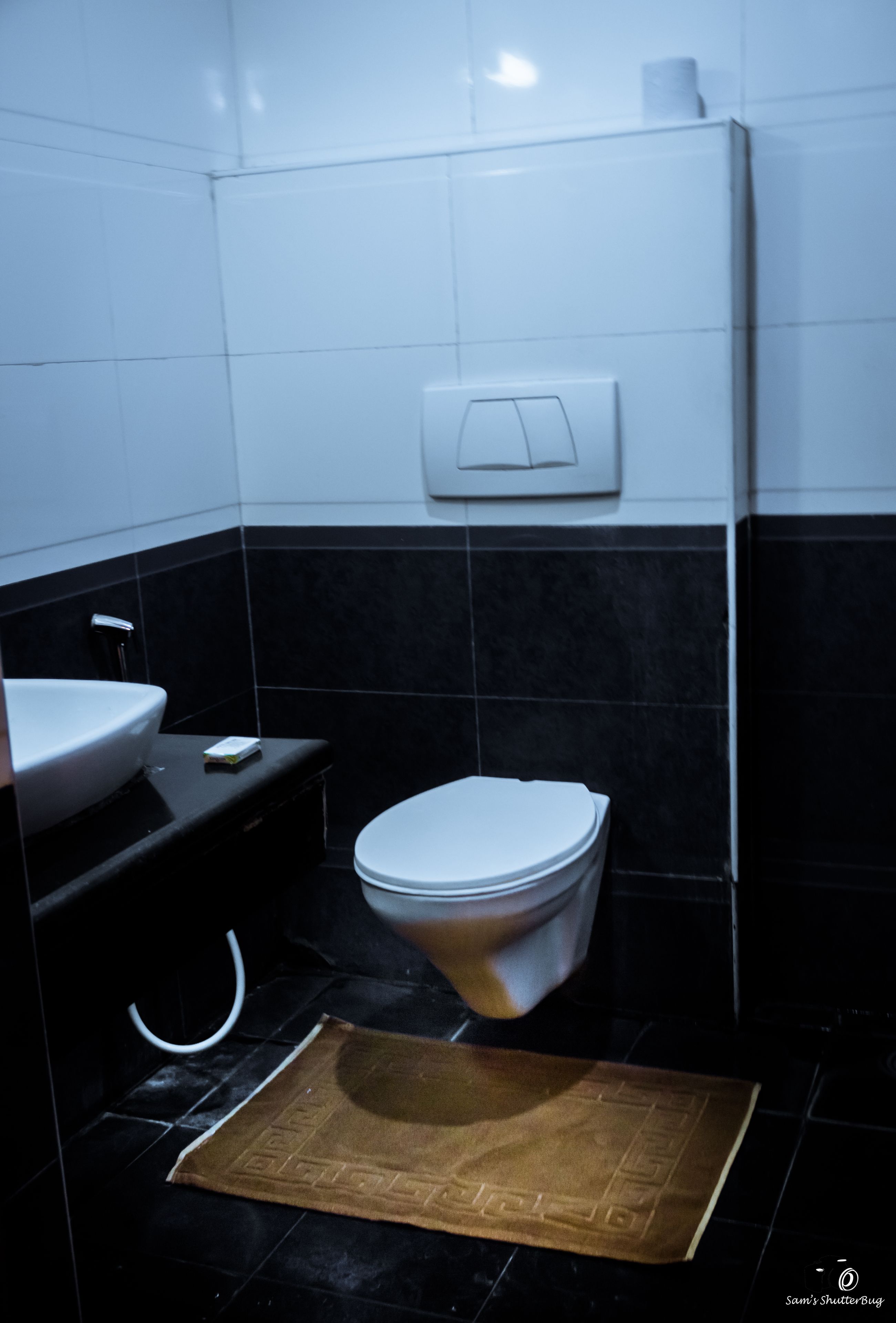 A bathroom with a white toilet, a sink, and a towel rack.