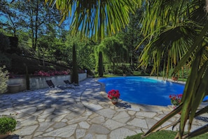 Outdoor pool, a natural pool, open 9:30 AM to 8 PM, pool loungers
