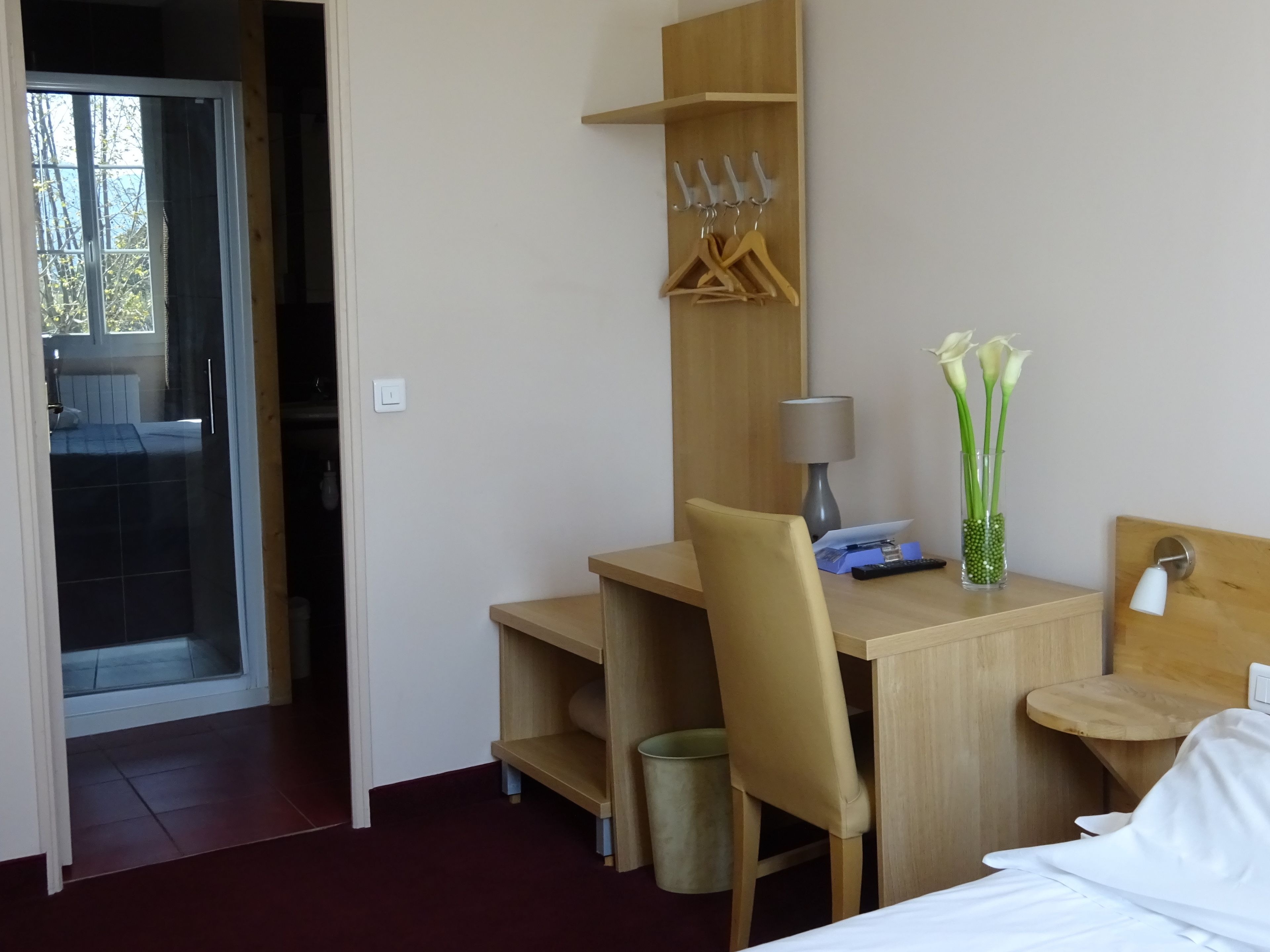 Habitación de hotel con un escritorio de madera, una silla, una lámpara, un cubo de basura pequeño, una mesita de noche con lámpara y una cama.