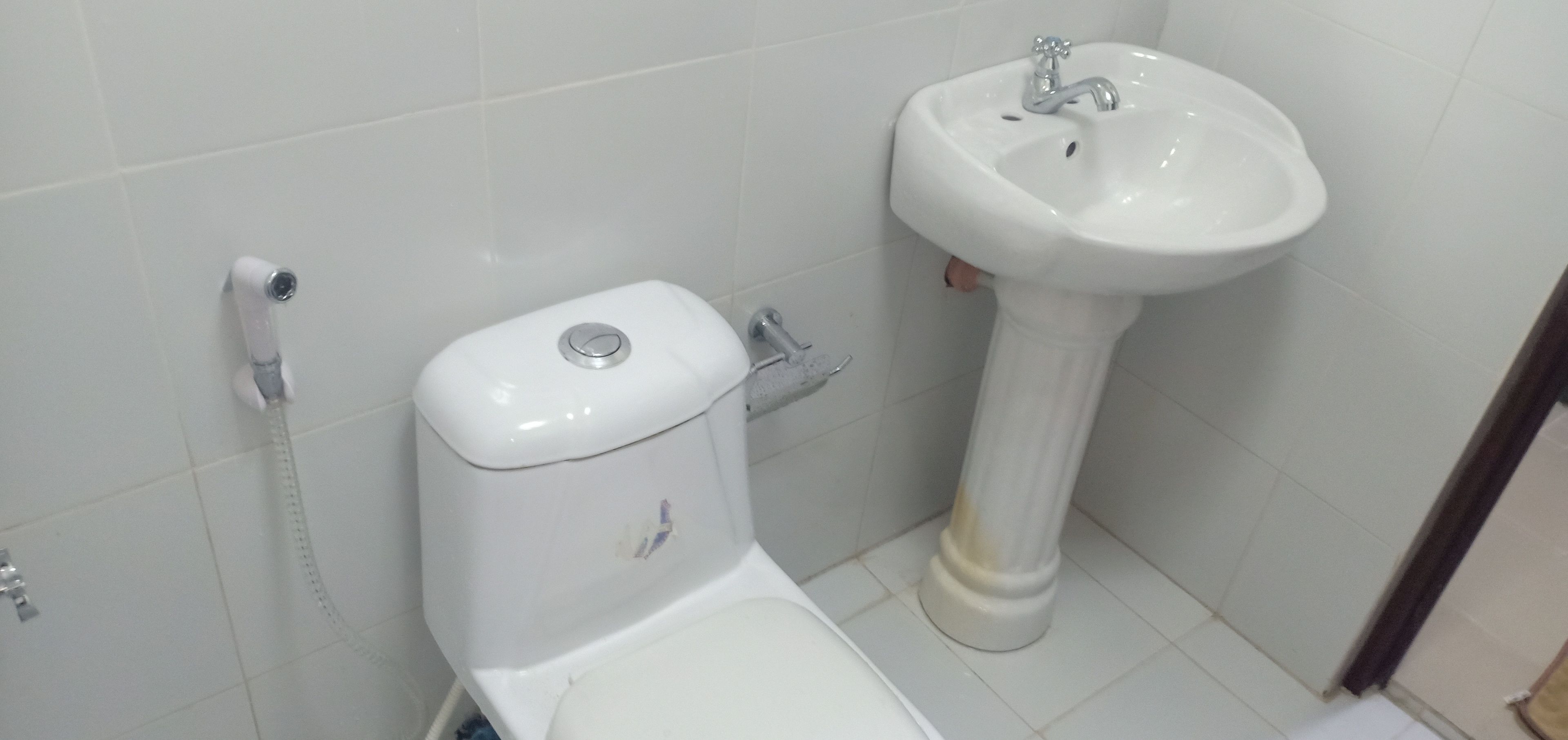 Un baño con inodoro, lavamanos y ducha.