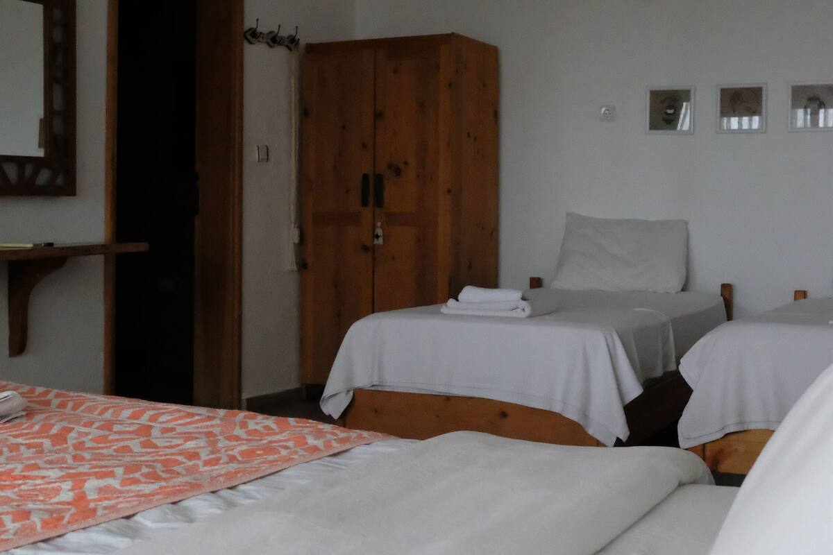 Un dormitorio con dos camas individuales, un armario de madera, un espejo y una lámpara en el techo.