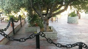 A paved outdoor area with a tree, benches, and a chain barrier. - Camelot (Villarrobledo)