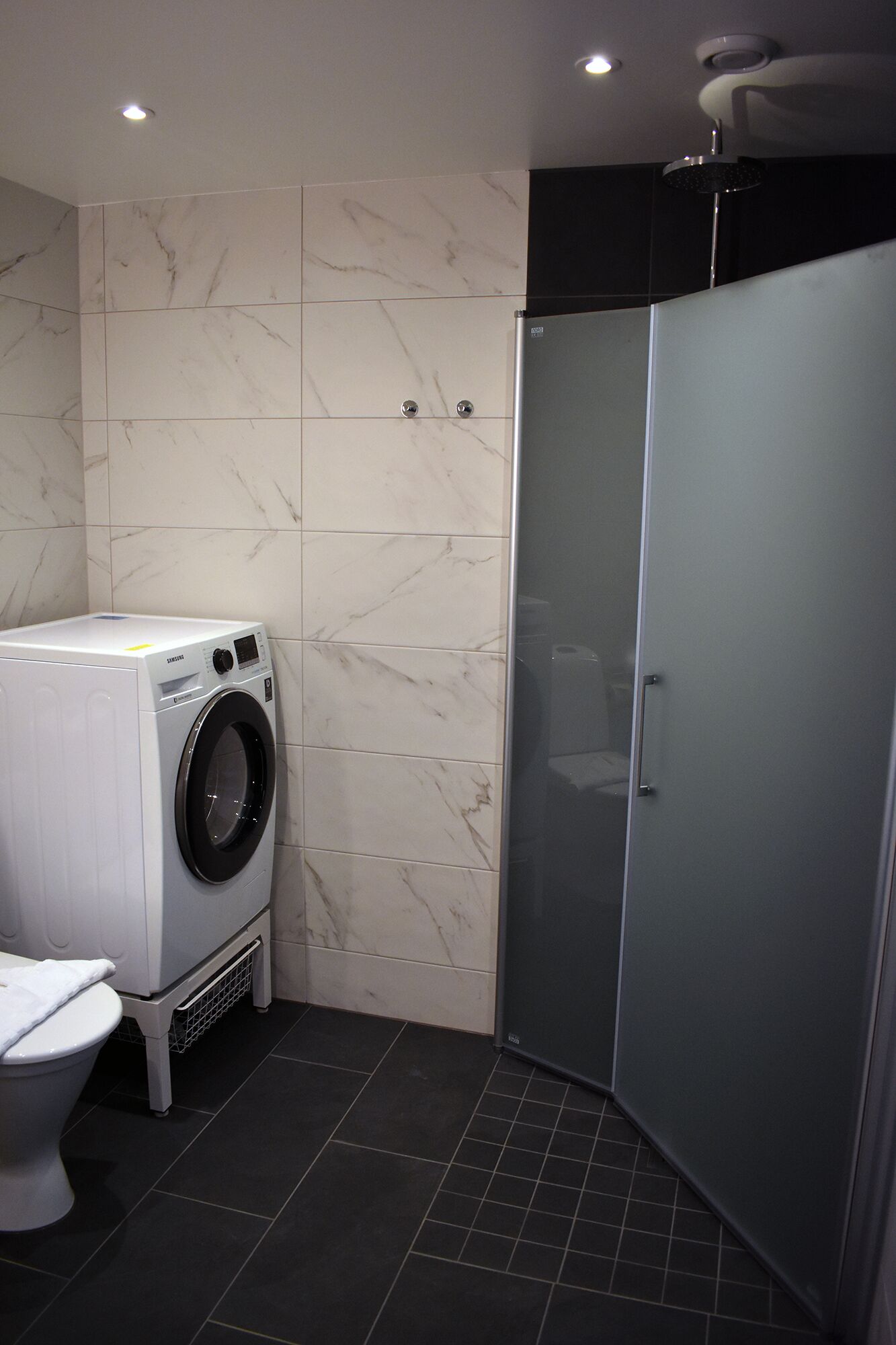 A compact bathroom with a washing machine, toilet, and a glass-enclosed shower.