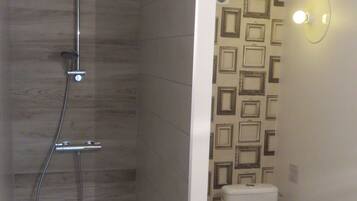 A bathroom with a shower, toilet, and a wall with framed pictures.